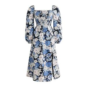 J. Crew Linen Daydream Zinnia Floral Smocked Midi Puff Sleeve Dress